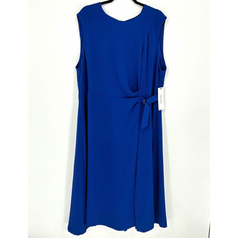 Calvin Klein Blue Solid A-Line Belted Sleeveless Dress 18W CX5E1HT0